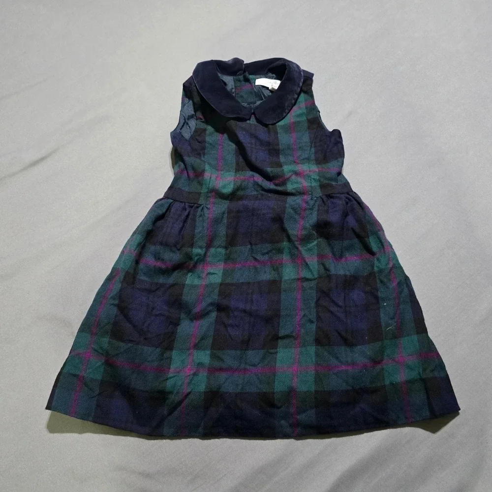 Brooks Brothers Fleece Plaid Wool Dress Kids 5 Green Navy Velvet Collar Jumper